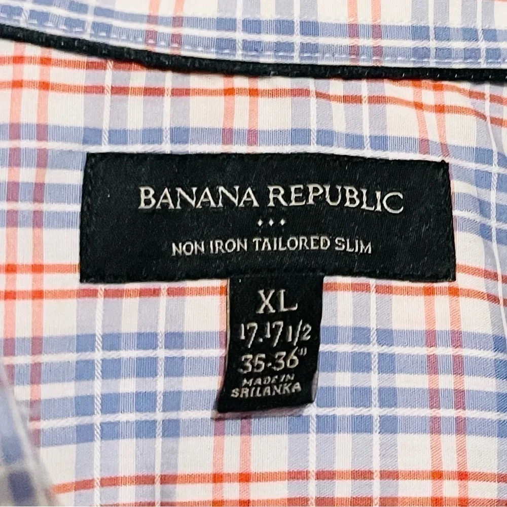 Banana Republic Non-Iron Tailored Slim Plaid Button Down Shirt XL Blue/Orange